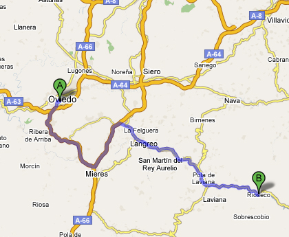Plano de Google maps desde Oviedo a Sobrescobio